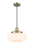 201C-AB-G691-12 Cord Hung 12" Antique Brass Mini Pendant - Matte White Cased Large Bridgeton Glass - LED Bulb - Dimmensions: 12 x 12 x 9.875<br>Minimum Height : 12.875<br>Maximum Height : 129.875 - Sloped Ceiling Compatible: Yes