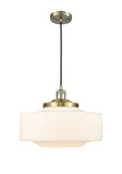 201C-AB-G691-16 Cord Hung 16" Antique Brass Mini Pendant - Matte White Cased Large Bridgeton Glass - LED Bulb - Dimmensions: 16 x 16 x 12<br>Minimum Height : 15<br>Maximum Height : 132 - Sloped Ceiling Compatible: Yes