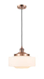 201C-AC-G691-12 Cord Hung 12" Antique Copper Mini Pendant - Matte White Cased Large Bridgeton Glass - LED Bulb - Dimmensions: 12 x 12 x 9.875<br>Minimum Height : 12.875<br>Maximum Height : 129.875 - Sloped Ceiling Compatible: Yes