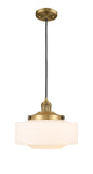 201C-BB-G691-12 Cord Hung 12" Brushed Brass Mini Pendant - Matte White Cased Large Bridgeton Glass - LED Bulb - Dimmensions: 12 x 12 x 9.875<br>Minimum Height : 12.875<br>Maximum Height : 129.875 - Sloped Ceiling Compatible: Yes