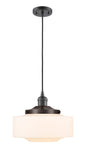 201C-OB-G691-12 Cord Hung 12" Oil Rubbed Bronze Mini Pendant - Matte White Cased Large Bridgeton Glass - LED Bulb - Dimmensions: 12 x 12 x 9.875<br>Minimum Height : 12.875<br>Maximum Height : 129.875 - Sloped Ceiling Compatible: Yes