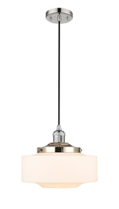 201C-PN-G691-12 Cord Hung 12" Polished Nickel Mini Pendant - Matte White Cased Large Bridgeton Glass - LED Bulb - Dimmensions: 12 x 12 x 9.875<br>Minimum Height : 12.875<br>Maximum Height : 129.875 - Sloped Ceiling Compatible: Yes