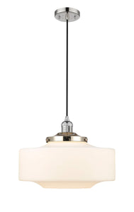 201C-PN-G691-16 Cord Hung 16" Polished Nickel Mini Pendant - Matte White Cased Large Bridgeton Glass - LED Bulb - Dimmensions: 16 x 16 x 12<br>Minimum Height : 15<br>Maximum Height : 132 - Sloped Ceiling Compatible: Yes