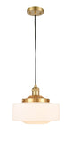 201C-SG-G691-12 Cord Hung 12" Satin Gold Mini Pendant - Matte White Cased Large Bridgeton Glass - LED Bulb - Dimmensions: 12 x 12 x 9.875<br>Minimum Height : 12.875<br>Maximum Height : 129.875 - Sloped Ceiling Compatible: Yes