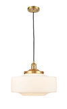 201C-SG-G691-16 Cord Hung 16" Satin Gold Mini Pendant - Matte White Cased Large Bridgeton Glass - LED Bulb - Dimmensions: 16 x 16 x 12<br>Minimum Height : 15<br>Maximum Height : 132 - Sloped Ceiling Compatible: Yes