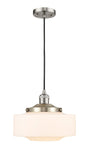 201C-SN-G691-12 Cord Hung 12" Brushed Satin Nickel Mini Pendant - Matte White Cased Large Bridgeton Glass - LED Bulb - Dimmensions: 12 x 12 x 9.875<br>Minimum Height : 12.875<br>Maximum Height : 129.875 - Sloped Ceiling Compatible: Yes