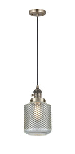 201CSW-AB-G262 Cord Hung 6" Antique Brass Mini Pendant - Vintage Wire Mesh Stanton Glass - LED Bulb - Dimmensions: 6 x 6 x 12<br>Minimum Height : 15<br>Maximum Height : 133 - Sloped Ceiling Compatible: Yes