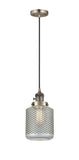 201CSW-AB-G262 Cord Hung 6" Antique Brass Mini Pendant - Vintage Wire Mesh Stanton Glass - LED Bulb - Dimmensions: 6 x 6 x 12<br>Minimum Height : 15<br>Maximum Height : 133 - Sloped Ceiling Compatible: Yes