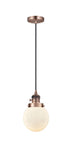 201CSW-AC-G201-6 Cord Hung 6" Antique Copper Mini Pendant - Matte White Cased Beacon Glass - LED Bulb - Dimmensions: 6 x 6 x 9.5<br>Minimum Height : 13<br>Maximum Height : 131 - Sloped Ceiling Compatible: Yes