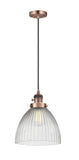201CSW-AC-G222 Cord Hung 9.5" Antique Copper Mini Pendant - Clear Halophane Seneca Falls Glass - LED Bulb - Dimmensions: 9.5 x 9.5 x 12<br>Minimum Height : 15.25<br>Maximum Height : 133.25 - Sloped Ceiling Compatible: Yes