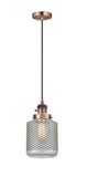 201CSW-AC-G262 Cord Hung 6" Antique Copper Mini Pendant - Vintage Wire Mesh Stanton Glass - LED Bulb - Dimmensions: 6 x 6 x 12<br>Minimum Height : 15<br>Maximum Height : 133 - Sloped Ceiling Compatible: Yes
