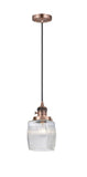 201CSW-AC-G302 Cord Hung 5.5" Antique Copper Mini Pendant - Thick Clear Halophane Colton Glass - LED Bulb - Dimmensions: 5.5 x 5.5 x 8.5<br>Minimum Height : 13.25<br>Maximum Height : 131.25 - Sloped Ceiling Compatible: Yes
