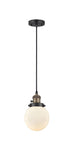 201CSW-BAB-G201-6 Cord Hung 6" Black Antique Brass Mini Pendant - Matte White Cased Beacon Glass - LED Bulb - Dimmensions: 6 x 6 x 9.5<br>Minimum Height : 13<br>Maximum Height : 131 - Sloped Ceiling Compatible: Yes
