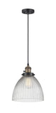 201CSW-BAB-G222 Cord Hung 9.5" Black Antique Brass Mini Pendant - Clear Halophane Seneca Falls Glass - LED Bulb - Dimmensions: 9.5 x 9.5 x 12<br>Minimum Height : 15.25<br>Maximum Height : 133.25 - Sloped Ceiling Compatible: Yes