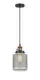 201CSW-BAB-G262 Cord Hung 6" Black Antique Brass Mini Pendant - Vintage Wire Mesh Stanton Glass - LED Bulb - Dimmensions: 6 x 6 x 12<br>Minimum Height : 15<br>Maximum Height : 133 - Sloped Ceiling Compatible: Yes