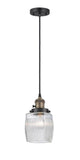 201CSW-BAB-G302 Cord Hung 5.5" Black Antique Brass Mini Pendant - Thick Clear Halophane Colton Glass - LED Bulb - Dimmensions: 5.5 x 5.5 x 8.5<br>Minimum Height : 13.25<br>Maximum Height : 131.25 - Sloped Ceiling Compatible: Yes