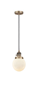 201CSW-BB-G201-6 Cord Hung 6" Brushed Brass Mini Pendant - Matte White Cased Beacon Glass - LED Bulb - Dimmensions: 6 x 6 x 9.5<br>Minimum Height : 13<br>Maximum Height : 131 - Sloped Ceiling Compatible: Yes