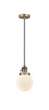 201CSW-BB-G201-6 Cord Hung 6" Brushed Brass Mini Pendant - Matte White Cased Beacon Glass - LED Bulb - Dimmensions: 6 x 6 x 9.5<br>Minimum Height : 13<br>Maximum Height : 131 - Sloped Ceiling Compatible: Yes