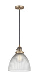 201CSW-BB-G222 Cord Hung 9.5" Brushed Brass Mini Pendant - Clear Halophane Seneca Falls Glass - LED Bulb - Dimmensions: 9.5 x 9.5 x 12<br>Minimum Height : 15.25<br>Maximum Height : 133.25 - Sloped Ceiling Compatible: Yes