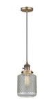 201CSW-BB-G262 Cord Hung 6" Brushed Brass Mini Pendant - Vintage Wire Mesh Stanton Glass - LED Bulb - Dimmensions: 6 x 6 x 12<br>Minimum Height : 15<br>Maximum Height : 133 - Sloped Ceiling Compatible: Yes