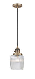 201CSW-BB-G302 Cord Hung 5.5" Brushed Brass Mini Pendant - Thick Clear Halophane Colton Glass - LED Bulb - Dimmensions: 5.5 x 5.5 x 8.5<br>Minimum Height : 13.25<br>Maximum Height : 131.25 - Sloped Ceiling Compatible: Yes