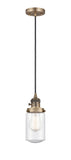 201CSW-BB-G314 Cord Hung 4.5" Brushed Brass Mini Pendant - Seedy Dover Glass - LED Bulb - Dimmensions: 4.5 x 4.5 x 10.25<br>Minimum Height : 13.75<br>Maximum Height : 131.75 - Sloped Ceiling Compatible: Yes