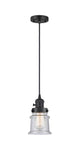 201CSW-BK-G184S Cord Hung 6" Matte Black Mini Pendant - Seedy Small Canton Glass - LED Bulb - Dimmensions: 6 x 6 x 10<br>Minimum Height : 12.75<br>Maximum Height : 130.75 - Sloped Ceiling Compatible: Yes