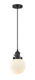 201CSW-BK-G201-6 Cord Hung 6" Matte Black Mini Pendant - Matte White Cased Beacon Glass - LED Bulb - Dimmensions: 6 x 6 x 9.5<br>Minimum Height : 13<br>Maximum Height : 131 - Sloped Ceiling Compatible: Yes