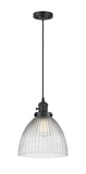 201CSW-BK-G222 Cord Hung 9.5" Matte Black Mini Pendant - Clear Halophane Seneca Falls Glass - LED Bulb - Dimmensions: 9.5 x 9.5 x 12<br>Minimum Height : 15.25<br>Maximum Height : 133.25 - Sloped Ceiling Compatible: Yes