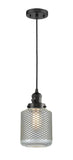 201CSW-BK-G262 Cord Hung 6" Matte Black Mini Pendant - Vintage Wire Mesh Stanton Glass - LED Bulb - Dimmensions: 6 x 6 x 12<br>Minimum Height : 15<br>Maximum Height : 133 - Sloped Ceiling Compatible: Yes
