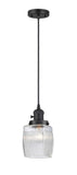 201CSW-BK-G302 Cord Hung 5.5" Matte Black Mini Pendant - Thick Clear Halophane Colton Glass - LED Bulb - Dimmensions: 5.5 x 5.5 x 8.5<br>Minimum Height : 13.25<br>Maximum Height : 131.25 - Sloped Ceiling Compatible: Yes