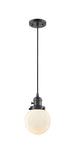201CSW-OB-G201-6 Cord Hung 6" Oil Rubbed Bronze Mini Pendant - Matte White Cased Beacon Glass - LED Bulb - Dimmensions: 6 x 6 x 9.5<br>Minimum Height : 13<br>Maximum Height : 131 - Sloped Ceiling Compatible: Yes