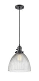 201CSW-OB-G222 Cord Hung 9.5" Oil Rubbed Bronze Mini Pendant - Clear Halophane Seneca Falls Glass - LED Bulb - Dimmensions: 9.5 x 9.5 x 12<br>Minimum Height : 15.25<br>Maximum Height : 133.25 - Sloped Ceiling Compatible: Yes