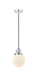 201CSW-PC-G201-6 Cord Hung 6" Polished Chrome Mini Pendant - Matte White Cased Beacon Glass - LED Bulb - Dimmensions: 6 x 6 x 9.5<br>Minimum Height : 13<br>Maximum Height : 131 - Sloped Ceiling Compatible: Yes