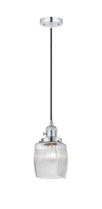 201CSW-PC-G302 Cord Hung 5.5" Polished Chrome Mini Pendant - Thick Clear Halophane Colton Glass - LED Bulb - Dimmensions: 5.5 x 5.5 x 8.5<br>Minimum Height : 13.25<br>Maximum Height : 131.25 - Sloped Ceiling Compatible: Yes