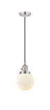 201CSW-PN-G201-6 Cord Hung 6" Polished Nickel Mini Pendant - Matte White Cased Beacon Glass - LED Bulb - Dimmensions: 6 x 6 x 9.5<br>Minimum Height : 13<br>Maximum Height : 131 - Sloped Ceiling Compatible: Yes