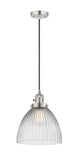 201CSW-PN-G222 Cord Hung 9.5" Polished Nickel Mini Pendant - Clear Halophane Seneca Falls Glass - LED Bulb - Dimmensions: 9.5 x 9.5 x 12<br>Minimum Height : 15.25<br>Maximum Height : 133.25 - Sloped Ceiling Compatible: Yes