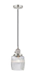201CSW-PN-G302 Cord Hung 5.5" Polished Nickel Mini Pendant - Thick Clear Halophane Colton Glass - LED Bulb - Dimmensions: 5.5 x 5.5 x 8.5<br>Minimum Height : 13.25<br>Maximum Height : 131.25 - Sloped Ceiling Compatible: Yes