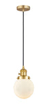 201CSW-SG-G201-6 Cord Hung 6" Satin Gold Mini Pendant - Matte White Cased Beacon Glass - LED Bulb - Dimmensions: 6 x 6 x 9.5<br>Minimum Height : 13<br>Maximum Height : 131 - Sloped Ceiling Compatible: Yes