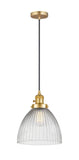 201CSW-SG-G222 Cord Hung 9.5" Satin Gold Mini Pendant - Clear Halophane Seneca Falls Glass - LED Bulb - Dimmensions: 9.5 x 9.5 x 12<br>Minimum Height : 15.25<br>Maximum Height : 133.25 - Sloped Ceiling Compatible: Yes