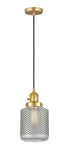 201CSW-SG-G262 Cord Hung 6" Satin Gold Mini Pendant - Vintage Wire Mesh Stanton Glass - LED Bulb - Dimmensions: 6 x 6 x 12<br>Minimum Height : 15<br>Maximum Height : 133 - Sloped Ceiling Compatible: Yes