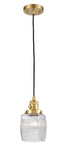 201CSW-SG-G302 Cord Hung 5.5" Satin Gold Mini Pendant - Thick Clear Halophane Colton Glass - LED Bulb - Dimmensions: 5.5 x 5.5 x 8.5<br>Minimum Height : 13.25<br>Maximum Height : 131.25 - Sloped Ceiling Compatible: Yes