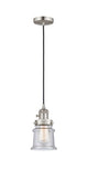 201CSW-SN-G184S Cord Hung 6" Brushed Satin Nickel Mini Pendant - Seedy Small Canton Glass - LED Bulb - Dimmensions: 6 x 6 x 10<br>Minimum Height : 12.75<br>Maximum Height : 130.75 - Sloped Ceiling Compatible: Yes