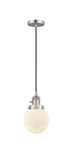 201CSW-SN-G201-6 Cord Hung 6" Brushed Satin Nickel Mini Pendant - Matte White Cased Beacon Glass - LED Bulb - Dimmensions: 6 x 6 x 9.5<br>Minimum Height : 13<br>Maximum Height : 131 - Sloped Ceiling Compatible: Yes