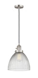 201CSW-SN-G222 Cord Hung 9.5" Brushed Satin Nickel Mini Pendant - Clear Halophane Seneca Falls Glass - LED Bulb - Dimmensions: 9.5 x 9.5 x 12<br>Minimum Height : 15.25<br>Maximum Height : 133.25 - Sloped Ceiling Compatible: Yes