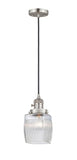 201CSW-SN-G302 Cord Hung 5.5" Brushed Satin Nickel Mini Pendant - Thick Clear Halophane Colton Glass - LED Bulb - Dimmensions: 5.5 x 5.5 x 8.5<br>Minimum Height : 13.25<br>Maximum Height : 131.25 - Sloped Ceiling Compatible: Yes