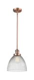 201S-AC-G222 Stem Hung 9.5" Antique Copper Mini Pendant - Clear Halophane Seneca Falls Glass - LED Bulb - Dimmensions: 9.5 x 9.5 x 12<br>Minimum Height : 20.5<br>Maximum Height : 44.5 - Sloped Ceiling Compatible: Yes