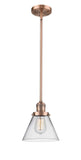 201S-AC-G42 Stem Hung 8" Antique Copper Mini Pendant - Clear Large Cone Glass - LED Bulb - Dimmensions: 8 x 8 x 10<br>Minimum Height : 18.5<br>Maximum Height : 42.5 - Sloped Ceiling Compatible: Yes
