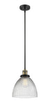 201S-BAB-G222 Stem Hung 9.5" Black Antique Brass Mini Pendant - Clear Halophane Seneca Falls Glass - LED Bulb - Dimmensions: 9.5 x 9.5 x 12<br>Minimum Height : 20.5<br>Maximum Height : 44.5 - Sloped Ceiling Compatible: Yes