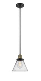 201S-BAB-G42 Stem Hung 8" Black Antique Brass Mini Pendant - Clear Large Cone Glass - LED Bulb - Dimmensions: 8 x 8 x 10<br>Minimum Height : 18.5<br>Maximum Height : 42.5 - Sloped Ceiling Compatible: Yes